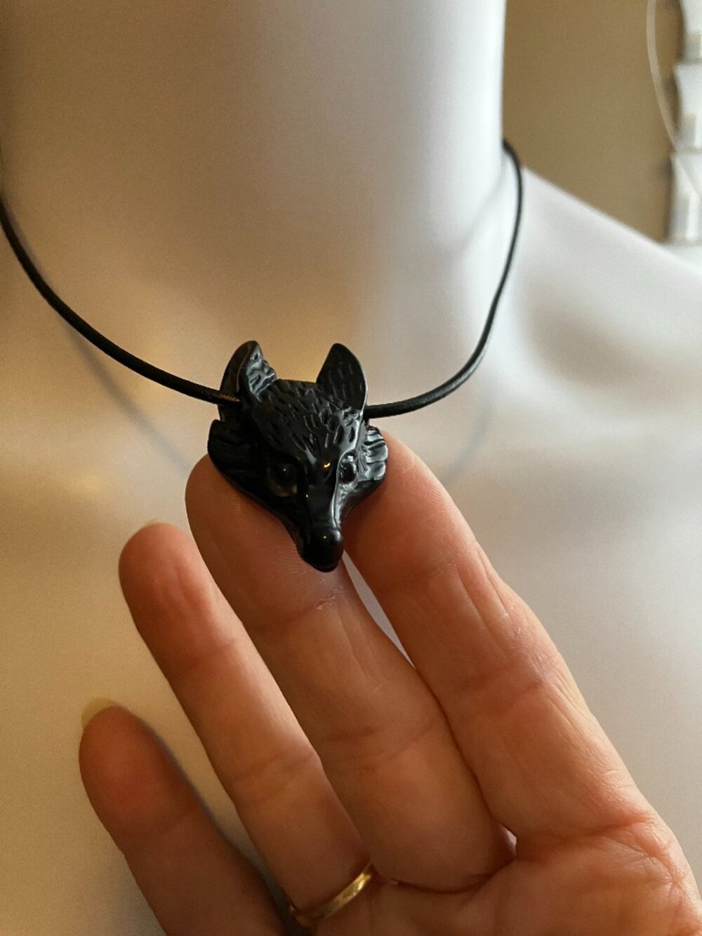 Wolf Black Obsidian Gemstone hand carved Wolf Head Choker Genuine Leather NEW